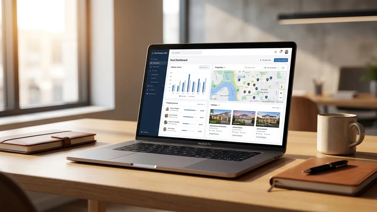 Panel del CRM inmobiliario mostrado en un portátil sobre un escritorio