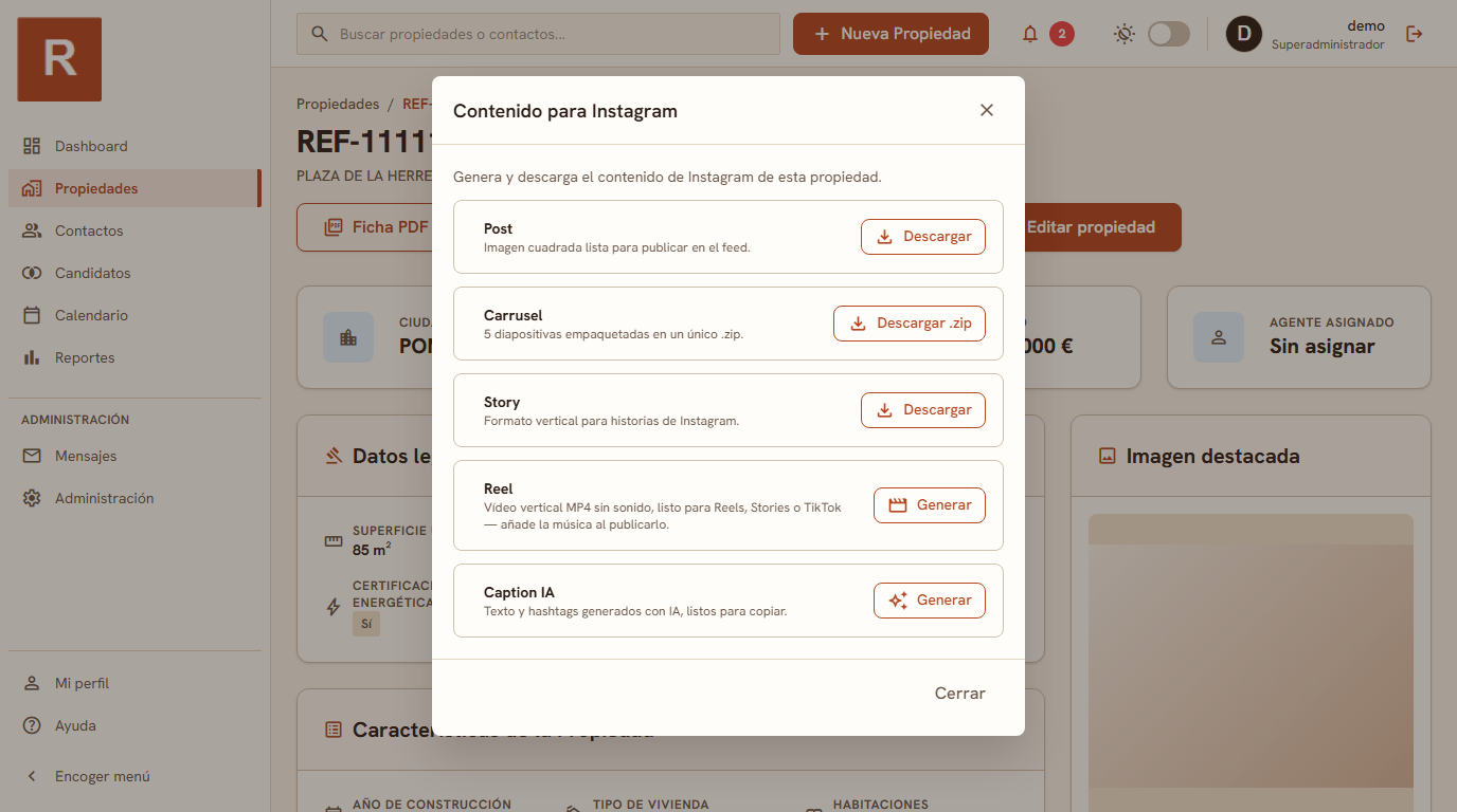 Marca de agencia aplicada a una ficha PDF y a una imagen de Instagram generadas desde RealEstateCRM